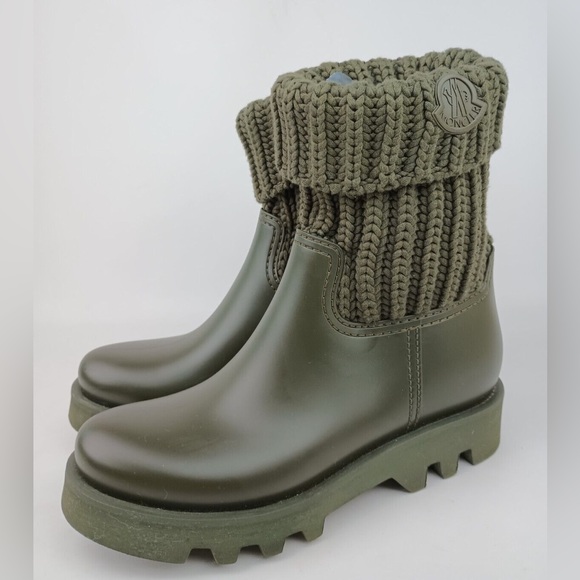 Moncler Women's Olive Green Short Ginette Knit Waterproof Rain Boots Size 41 - Picture 1 of 5